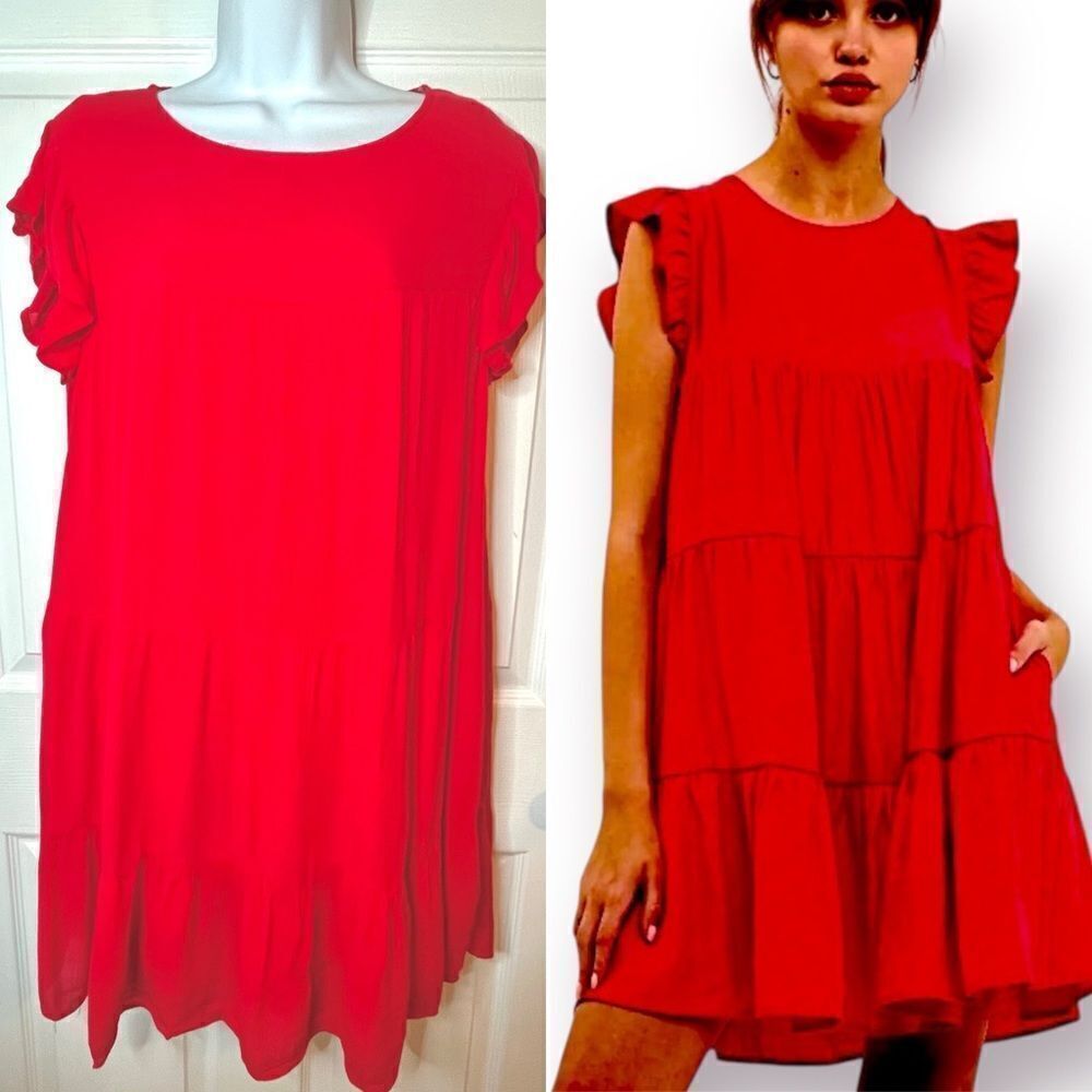 Evelyn Flutter Sleeve Casual Cherry Red Ruffle Tiered Mini Dress Has Pockets L